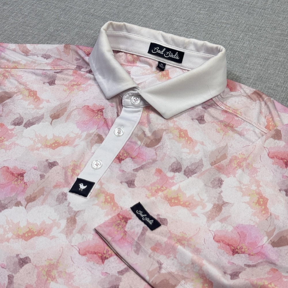 Bad Birdie Floral Golf Polo Shirt Mens XL Pink Short Sleeve Polyester Spandex